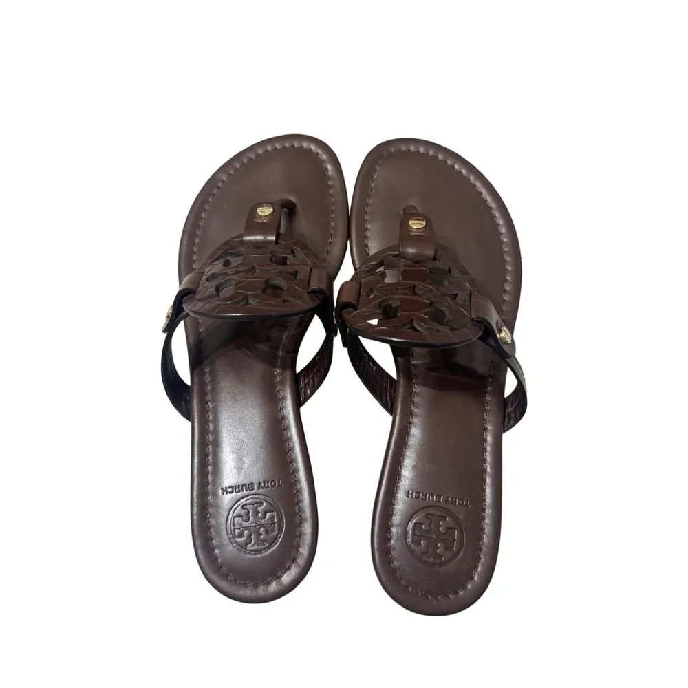 Tory Burch Miller Sandals Womens 6 Brown Leather Logo Thong Flat 5930 K17